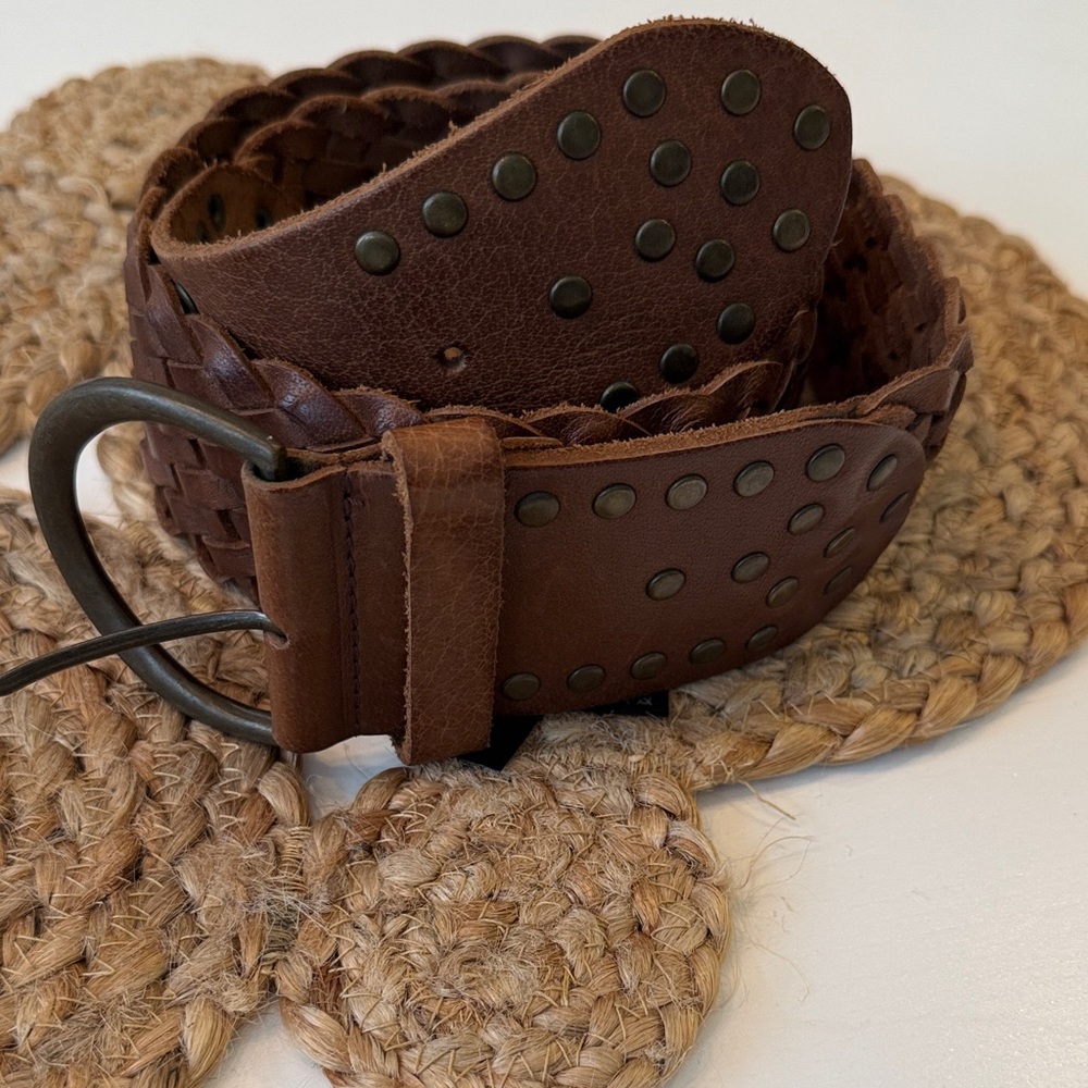 Women's Massimo Dutti Brown Braided Leather Belt with Stud Detail